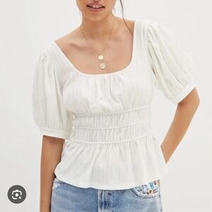 Anthropologie White Puff Sleeve Smocked Peplum Blouse